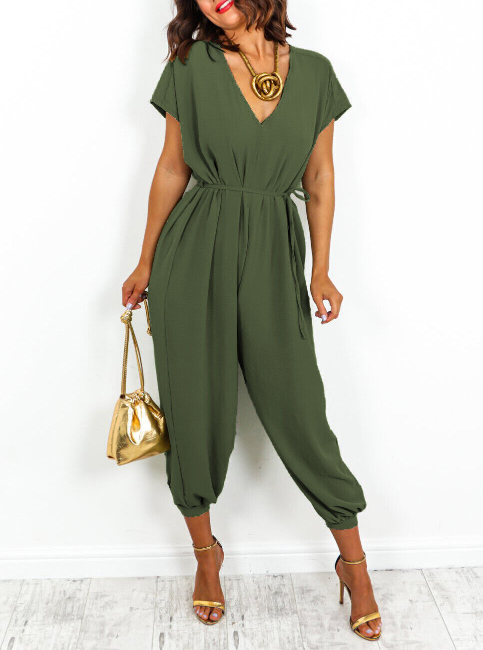 Women's V-neck Lace-up Waist Pants Wide Leg