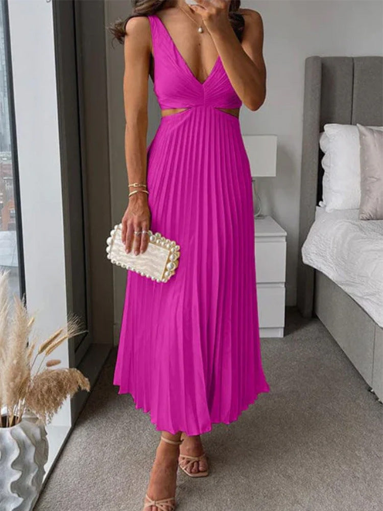 Pleated Long Dress With Hollow-waisted  V-neck Backless Dresses Summer Women's Clothing