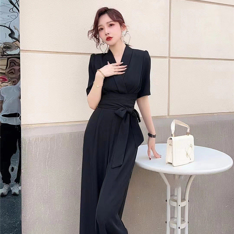 Pure Color High Waist Slimming Lace-up Wide Leg Jumpsuit