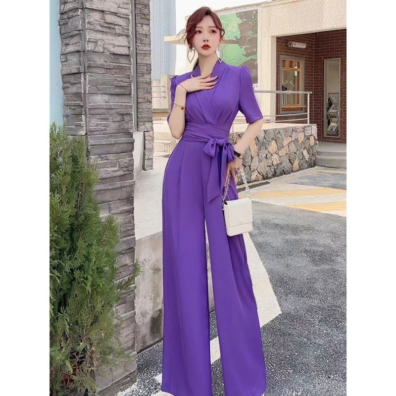 Pure Color High Waist Slimming Lace-up Wide Leg Jumpsuit