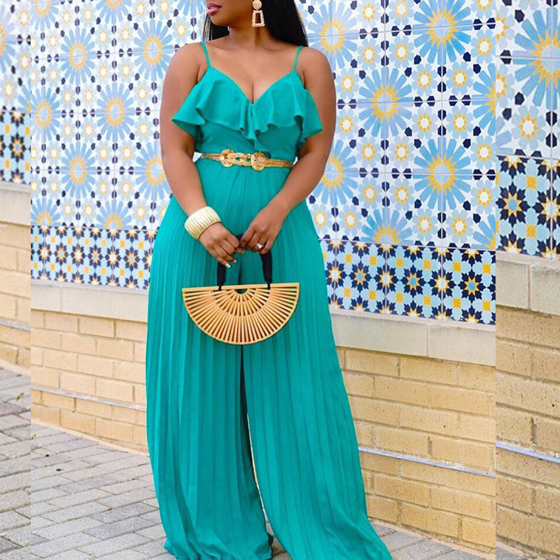 Women's Clothing Fashion Jumpsuit Suspender Pleated Wide Leg Ruffled Jumpsuit