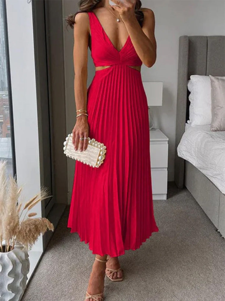 Pleated Long Dress With Hollow-waisted  V-neck Backless Dresses Summer Women's Clothing