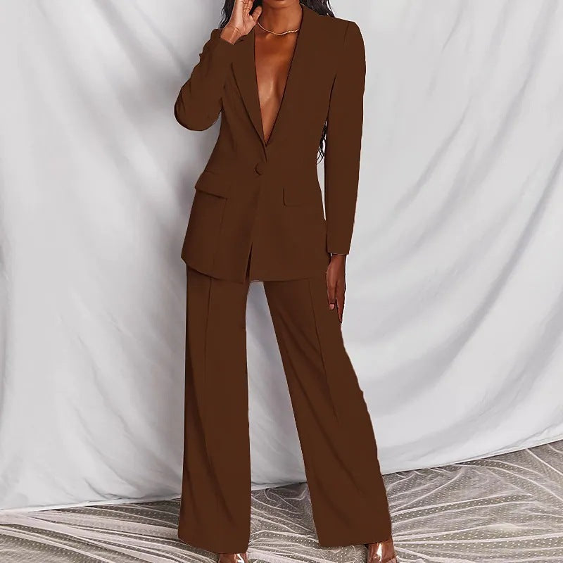 2 Piece Set  Spring Solid Long Sleeve Blazer Suit And Pants For Women Autumn  Outfit