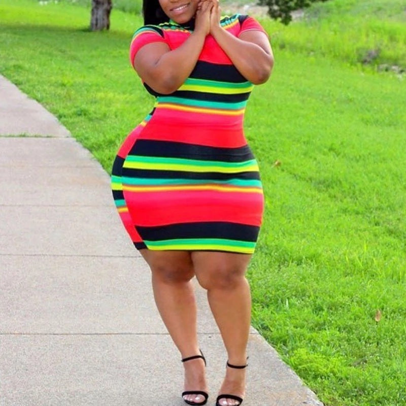 Striped Slim-fit Red Plus Size Woman Dress