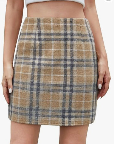 Slim Women's High Waist Plaid Tight Pencil Wool Mini Skirt