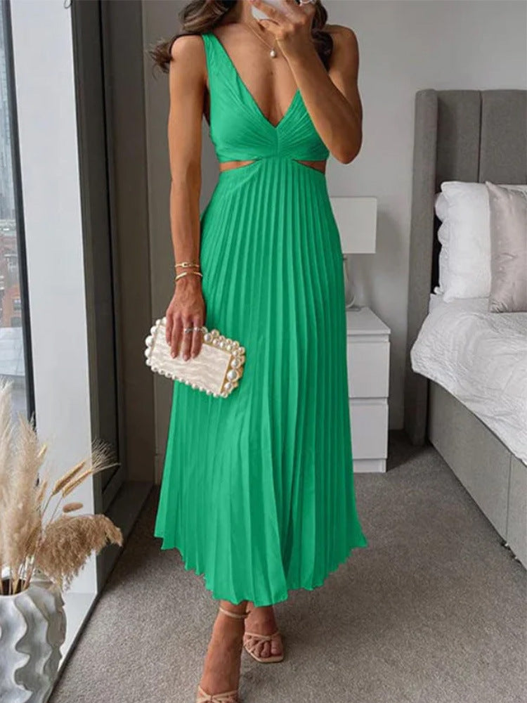 Pleated Long Dress With Hollow-waisted  V-neck Backless Dresses Summer Women's Clothing
