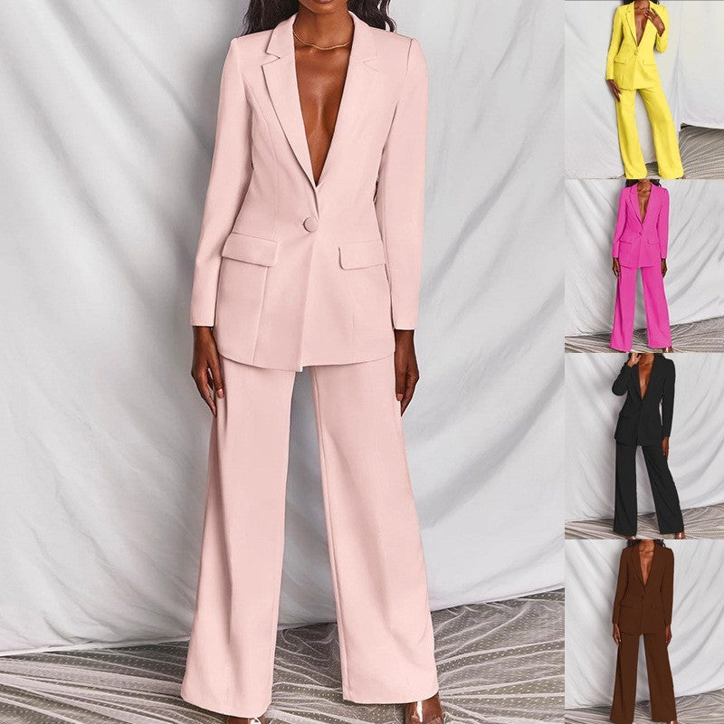 2 Piece Set  Spring Solid Long Sleeve Blazer Suit And Pants For Women Autumn  Outfit