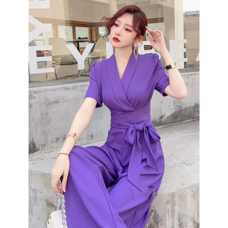 Pure Color High Waist Slimming Lace-up Wide Leg Jumpsuit