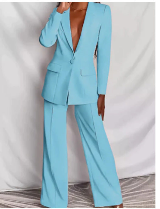 2 Piece Set  Spring Solid Long Sleeve Blazer Suit And Pants For Women Autumn  Outfit
