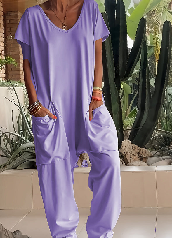 Solid Color And V-neck Oversized Pocket Jumpsuit