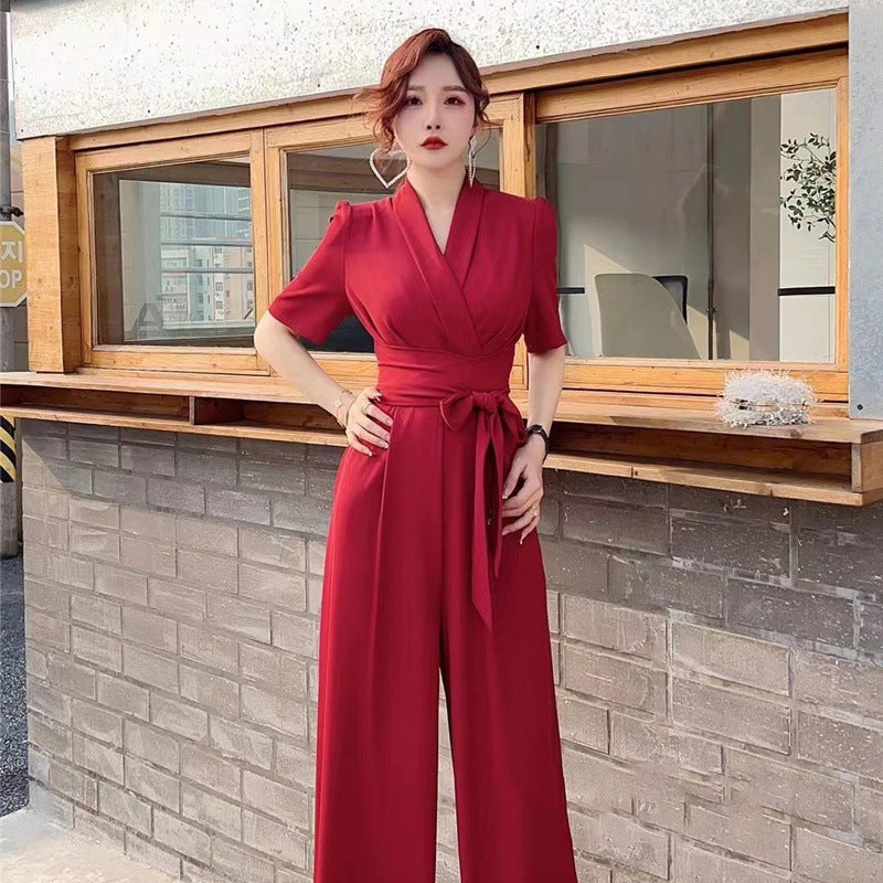 Pure Color High Waist Slimming Lace-up Wide Leg Jumpsuit