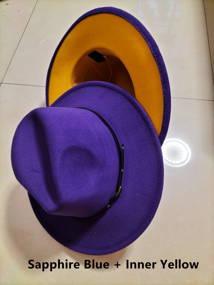 Woolen Top Color Matching Flat Brim Fedora Hat