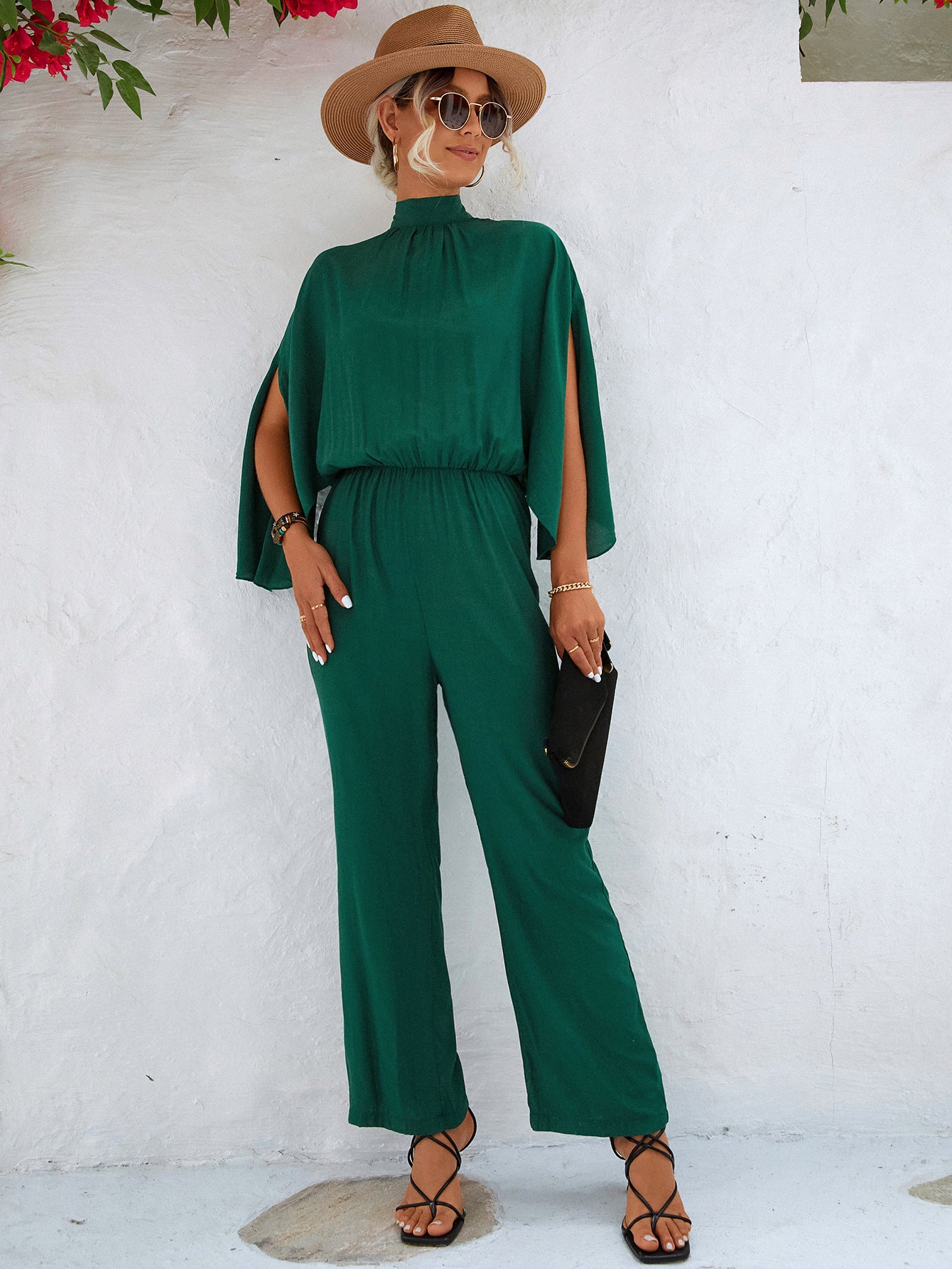 Women's Clothing Stand Collar Jumpsuit With Loose Split Long Sleeves