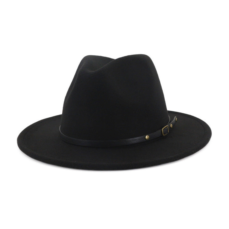 Woolen Top Color Matching Flat Brim Fedora Hat