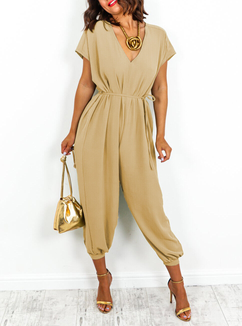 Women's V-neck Lace-up Waist Pants Wide Leg
