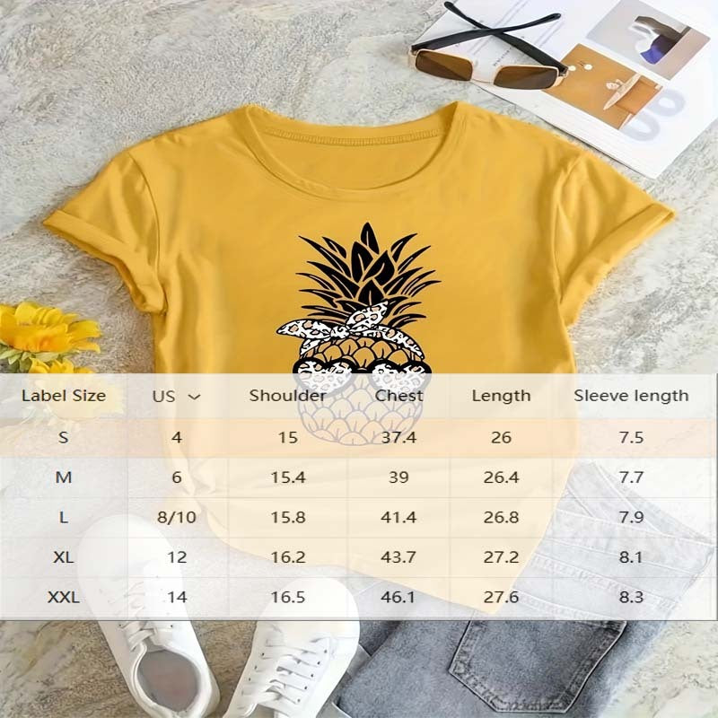 Women's Round Neck Short Sleeve T-Shirt Black Pineapple Print Casual Summer Top