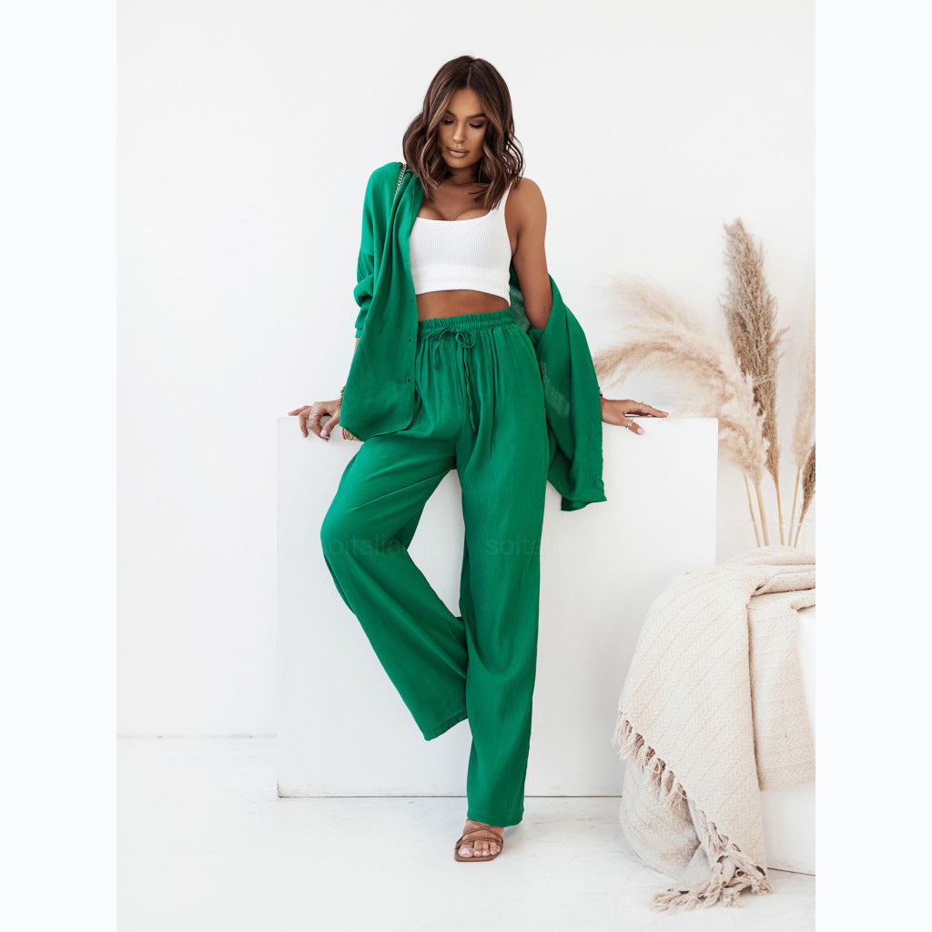 Solid Color Leisure Fashion Long Sleeve Blouse And Pants