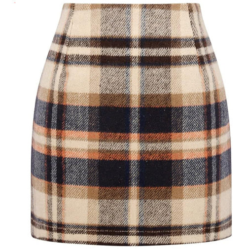 Slim Women's High Waist Plaid Tight Pencil Wool Mini Skirt