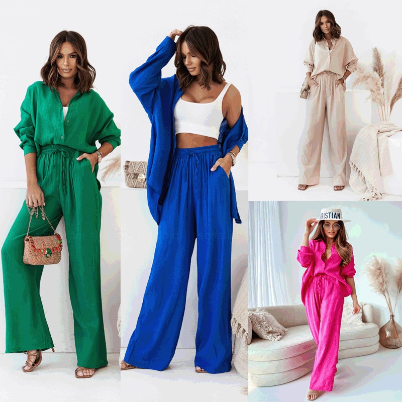 Solid Color Leisure Fashion Long Sleeve Blouse And Pants