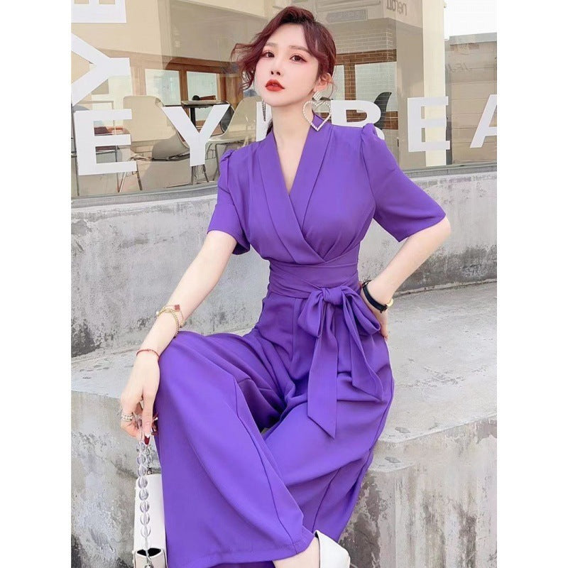 Pure Color High Waist Slimming Lace-up Wide Leg Jumpsuit