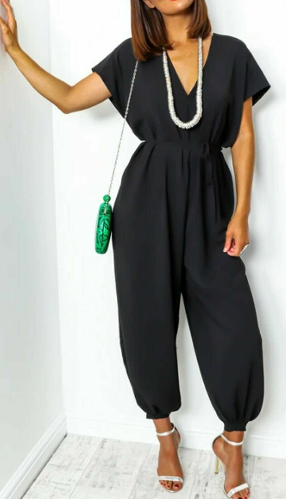 Women's V-neck Lace-up Waist Pants Wide Leg