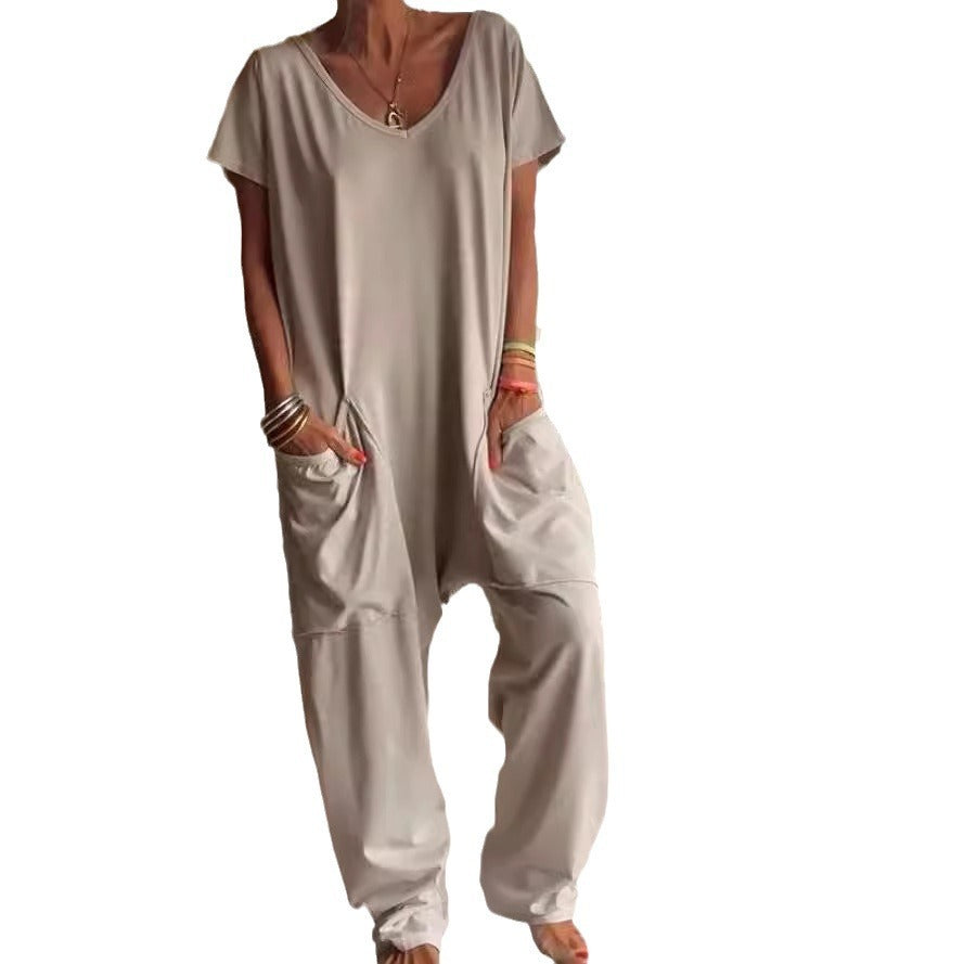 Solid Color And V-neck Oversized Pocket Jumpsuit