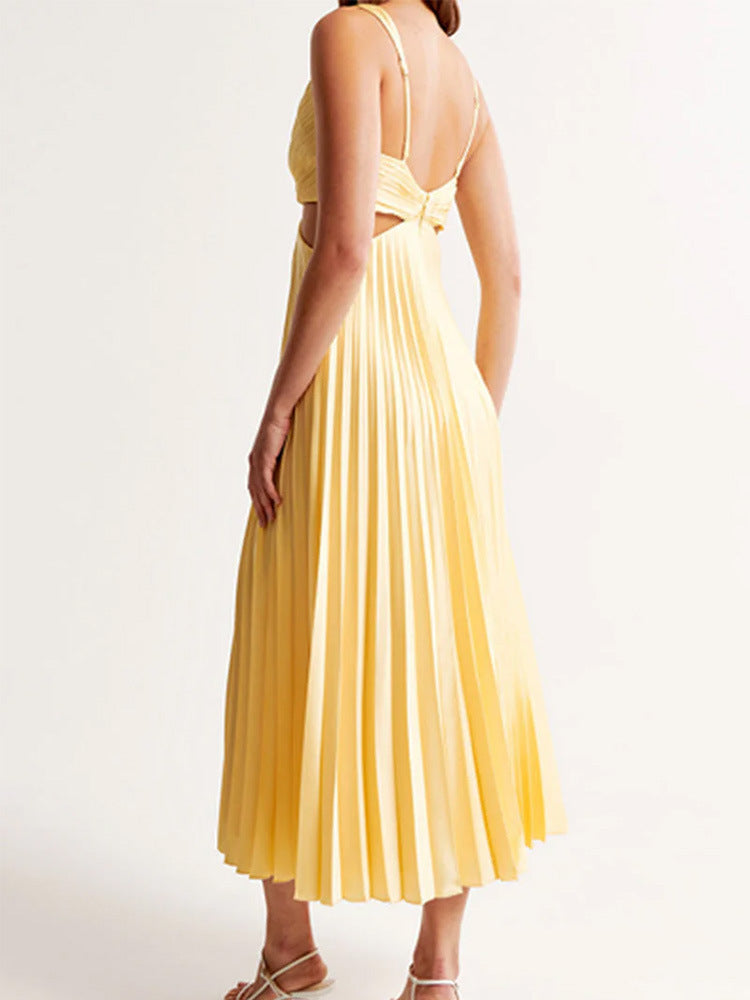 Pleated Long Dress With Hollow-waisted  V-neck Backless Dresses Summer Women's Clothing