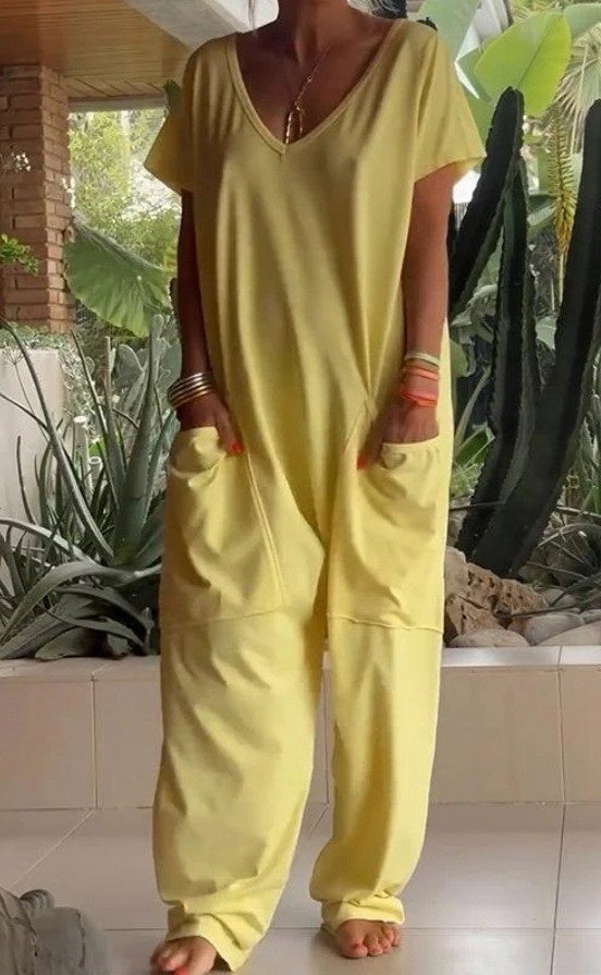 Solid Color And V-neck Oversized Pocket Jumpsuit