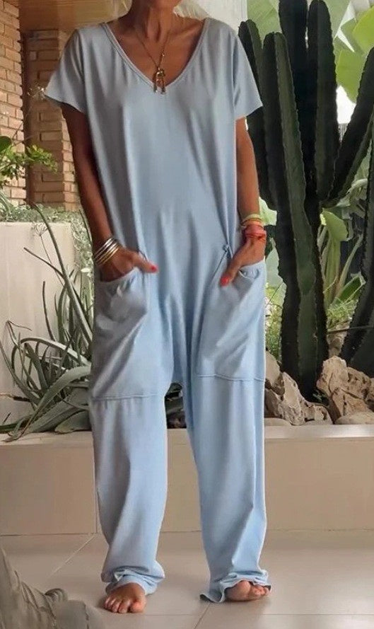 Solid Color And V-neck Oversized Pocket Jumpsuit