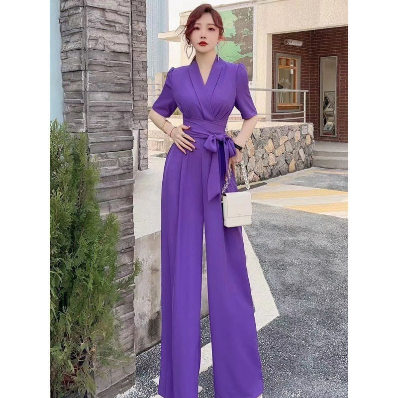 Pure Color High Waist Slimming Lace-up Wide Leg Jumpsuit