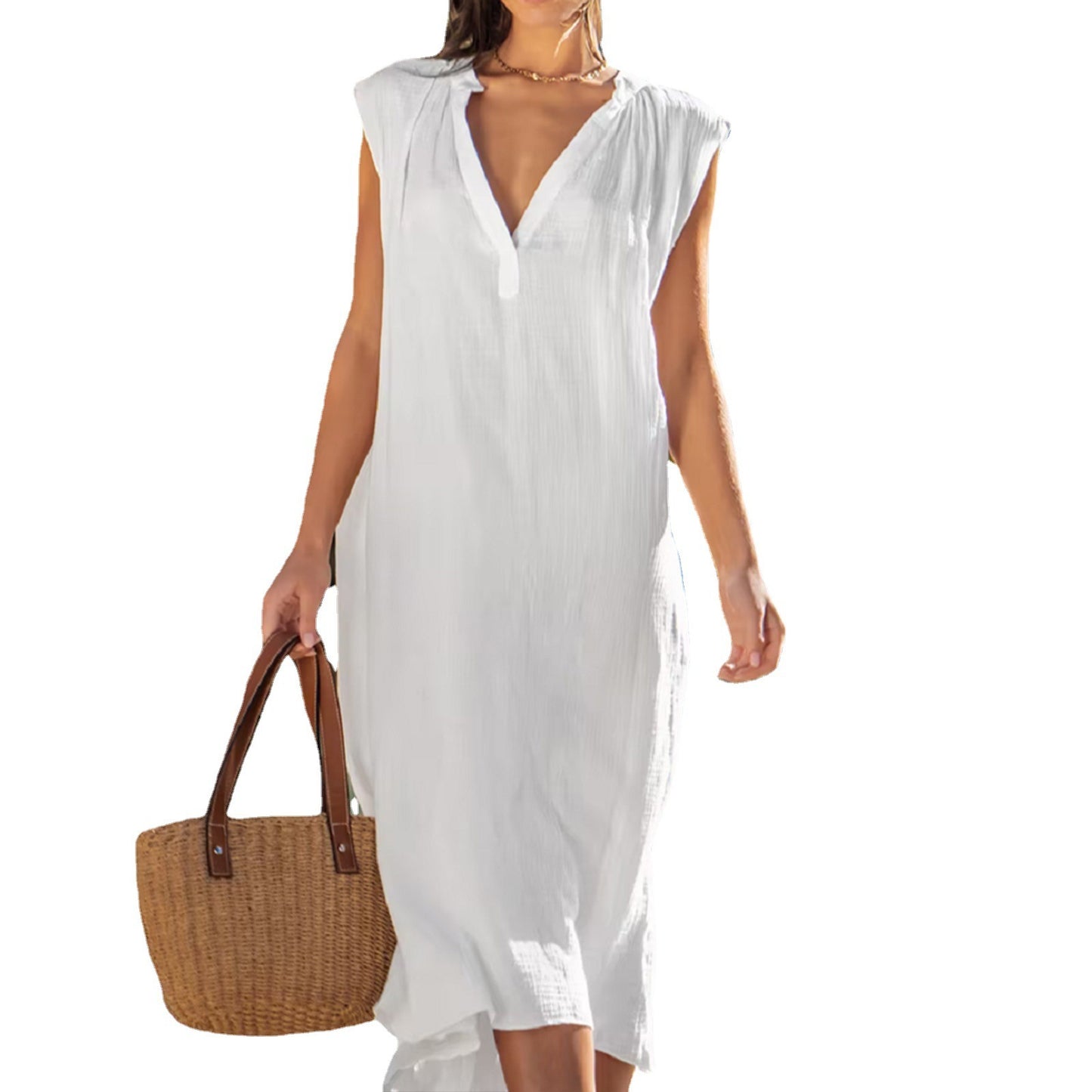 European And American Cotton And Linen Sleeveless Solid Color And V-neck Dress