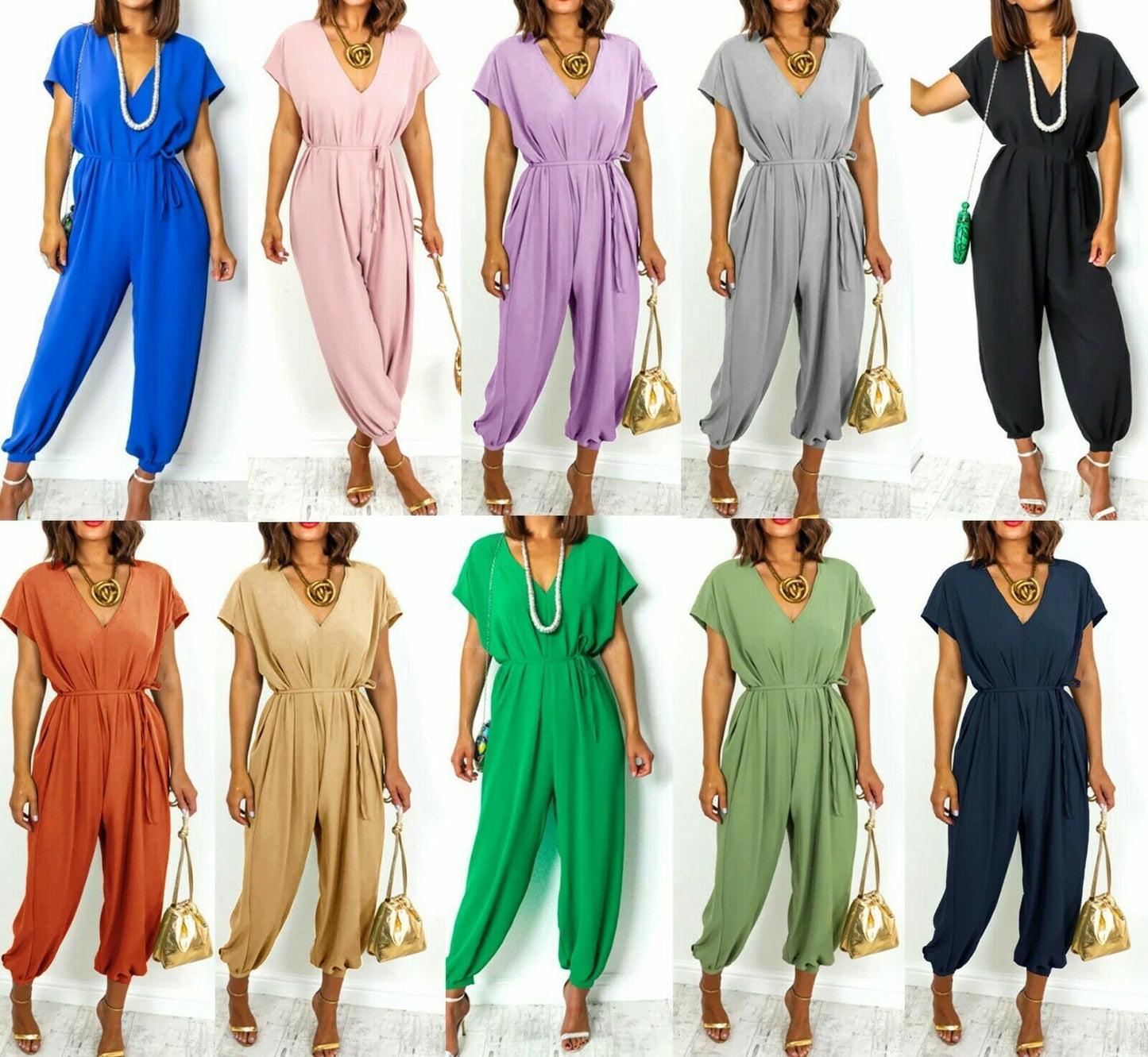 Women's V-neck Lace-up Waist Pants Wide Leg