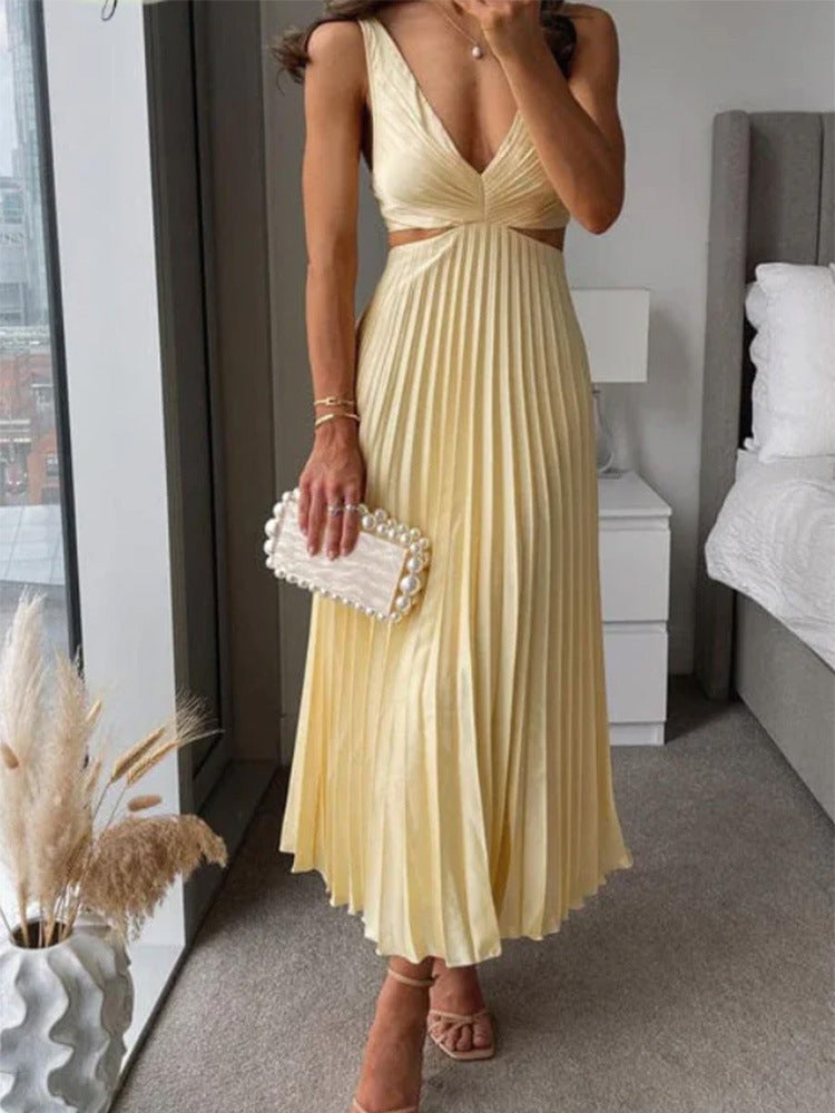 Pleated Long Dress With Hollow-waisted  V-neck Backless Dresses Summer Women's Clothing