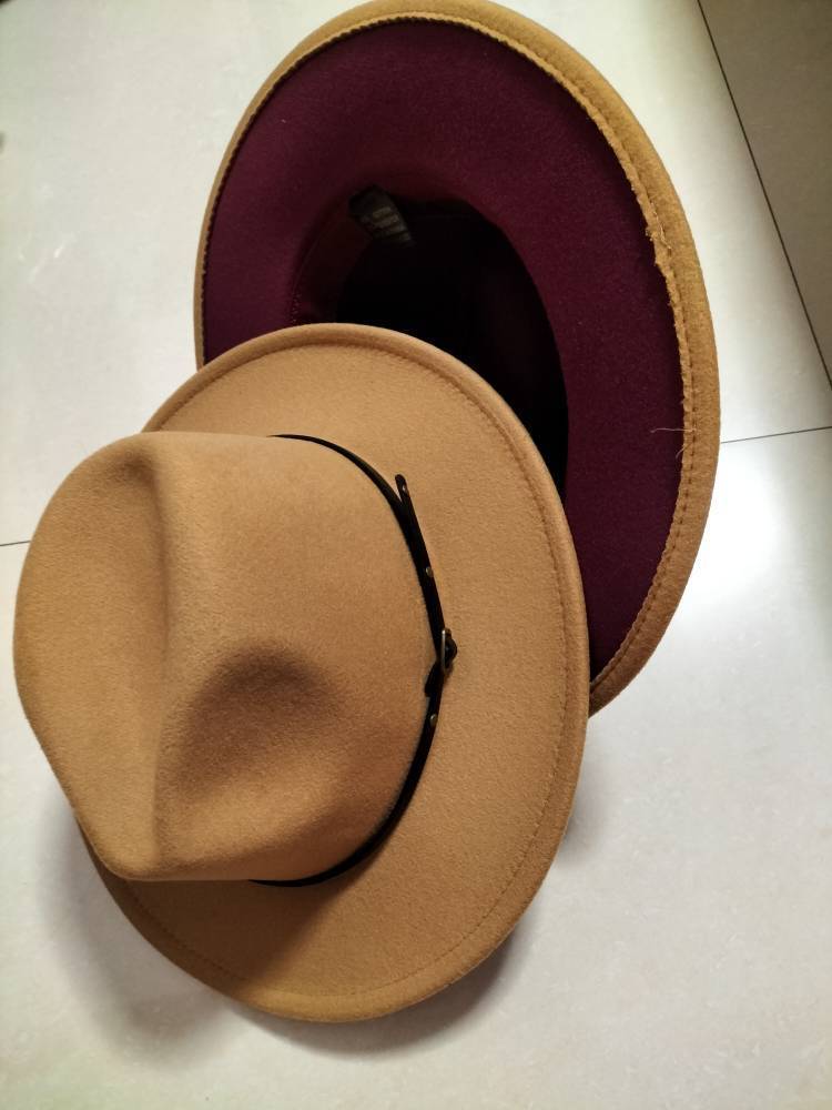 Woolen Top Color Matching Flat Brim Fedora Hat