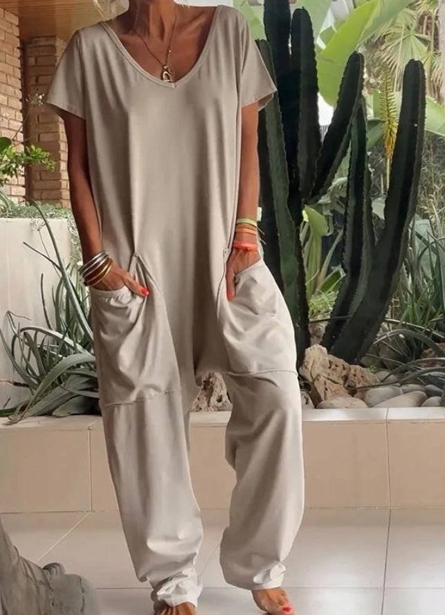 Solid Color And V-neck Oversized Pocket Jumpsuit