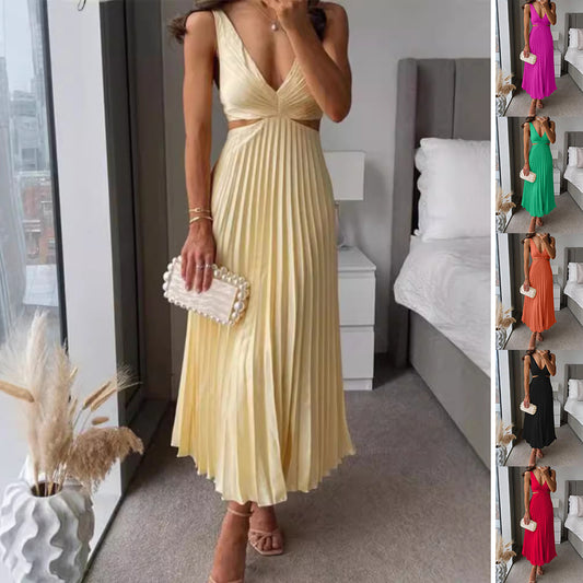 Pleated Long Dress With Hollow-waisted  V-neck Backless Dresses Summer Women's Clothing