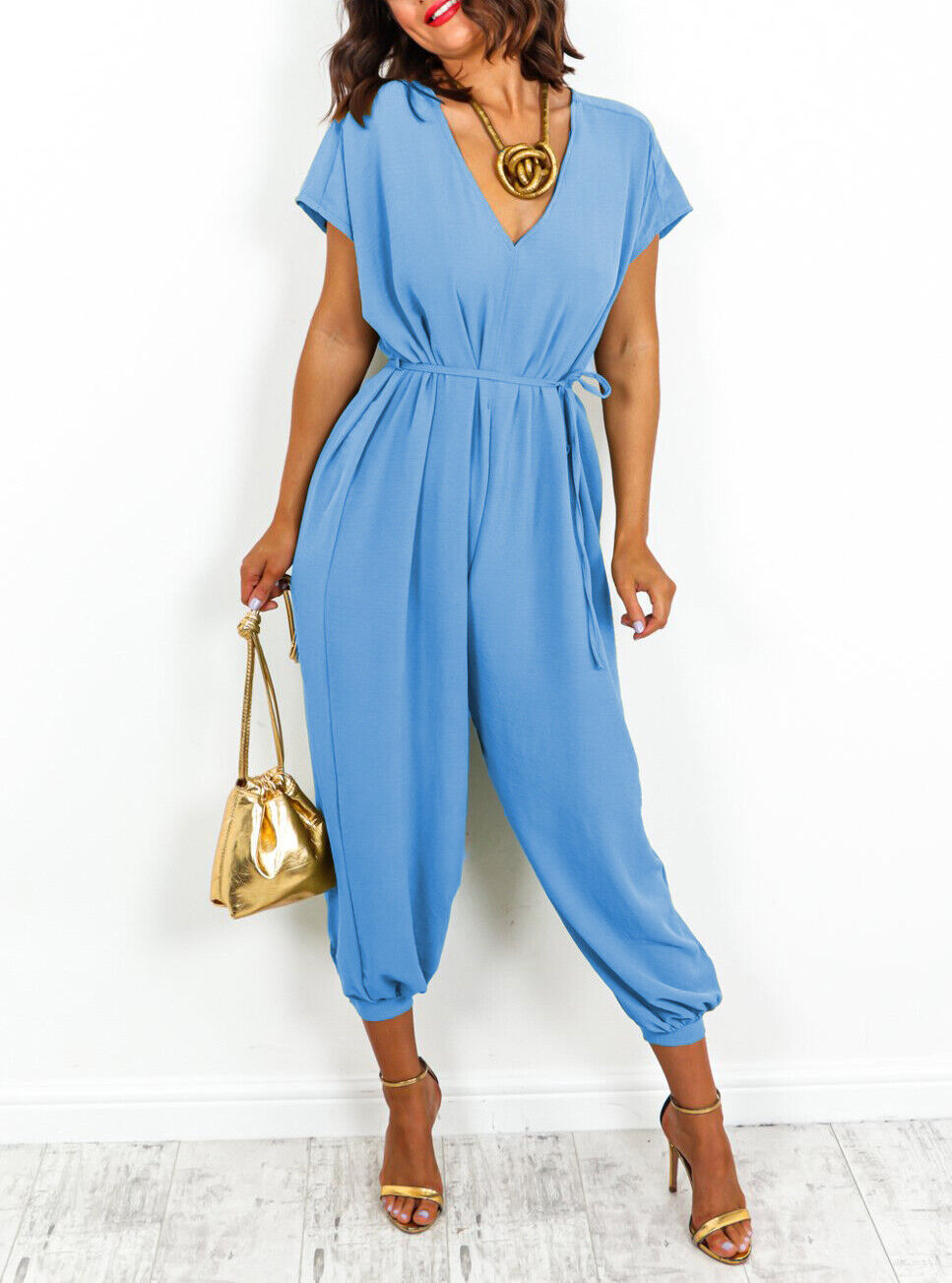 Women's V-neck Lace-up Waist Pants Wide Leg