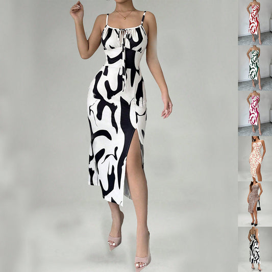 Summer Printed Dress Fashion Slim Lace-up Long Dresses For Women Clothing
