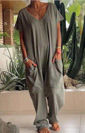 Solid Color And V-neck Oversized Pocket Jumpsuit