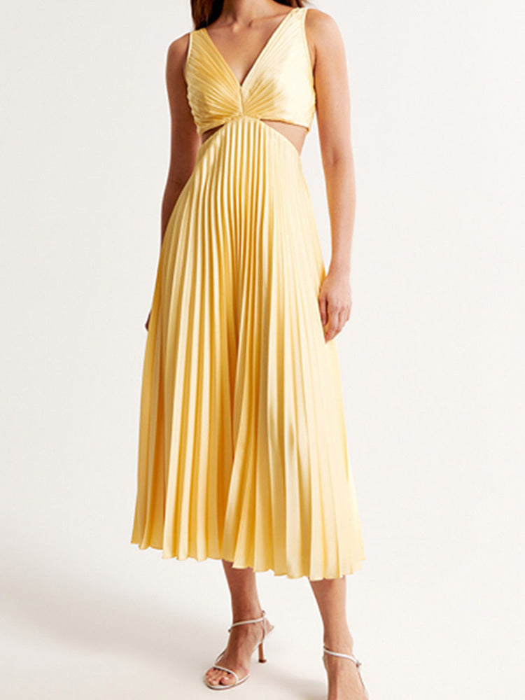 Pleated Long Dress With Hollow-waisted  V-neck Backless Dresses Summer Women's Clothing