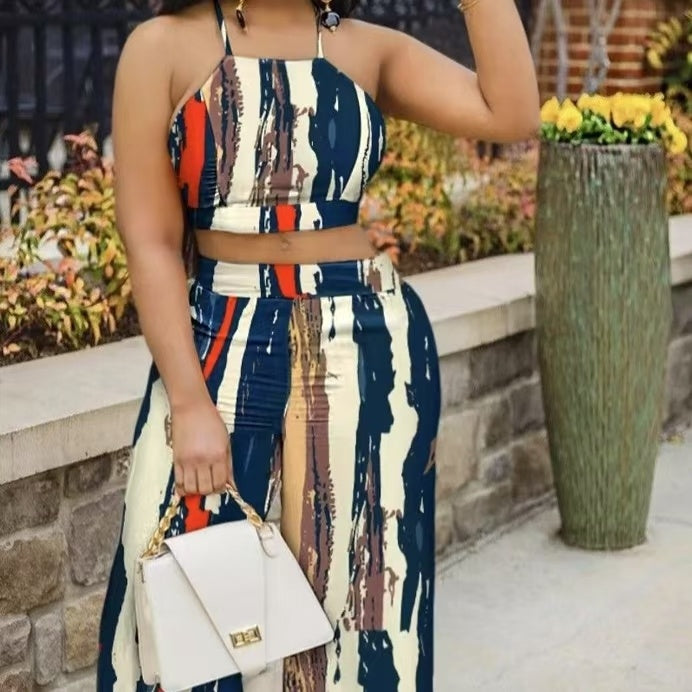 Ladies' Summer Fashion Cross Backless Square Neck Sleeveless Short Top And Daily Wide Leg Pants Set