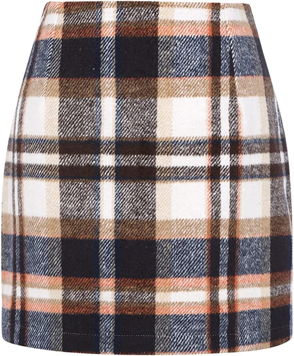 Slim Women's High Waist Plaid Tight Pencil Wool Mini Skirt